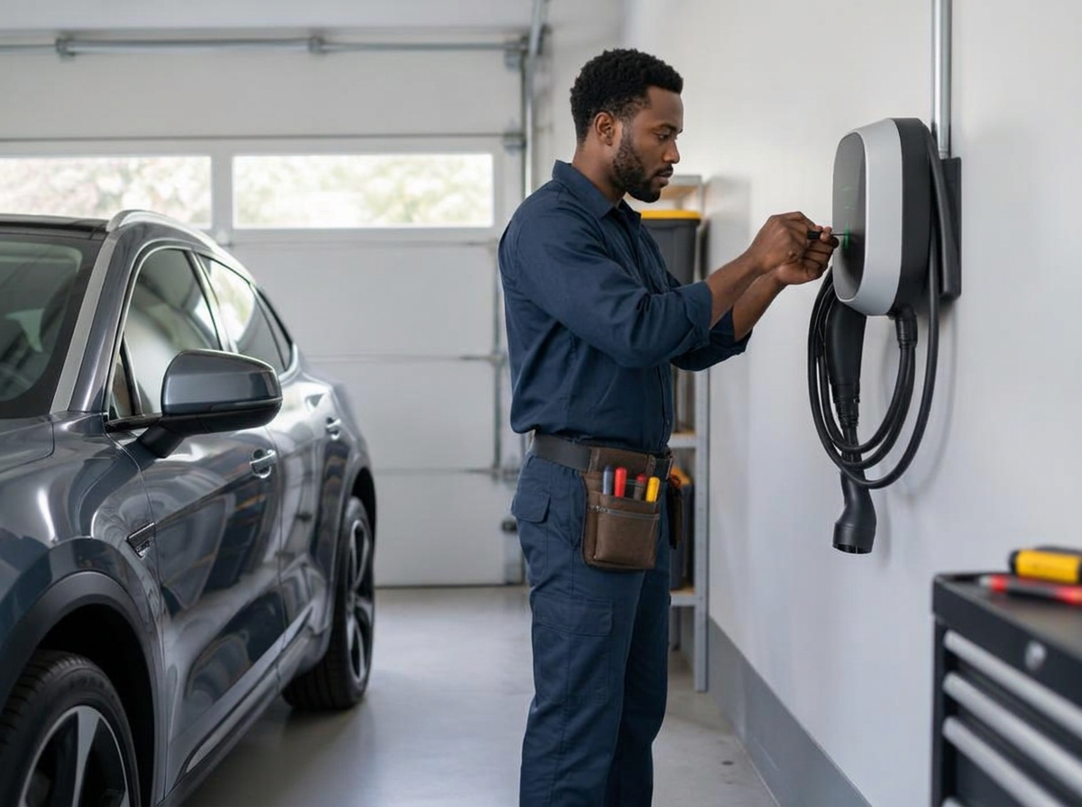 Electrician installing a home EV charging station in a garage