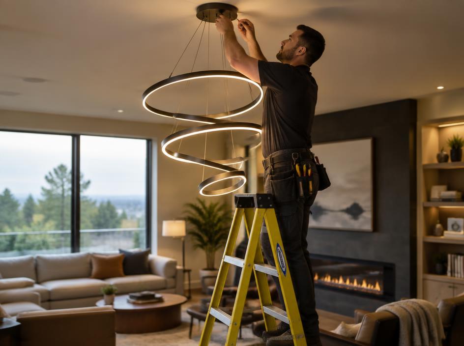 Electrician installing a modern pendant light fixture
