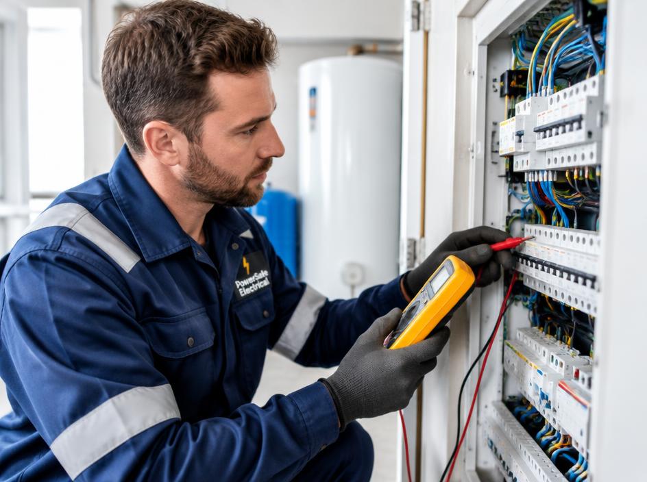 Electrician testing a home electrical panel with a multimeter