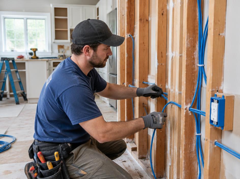 Electrician running new wiring during a kitchen renovation