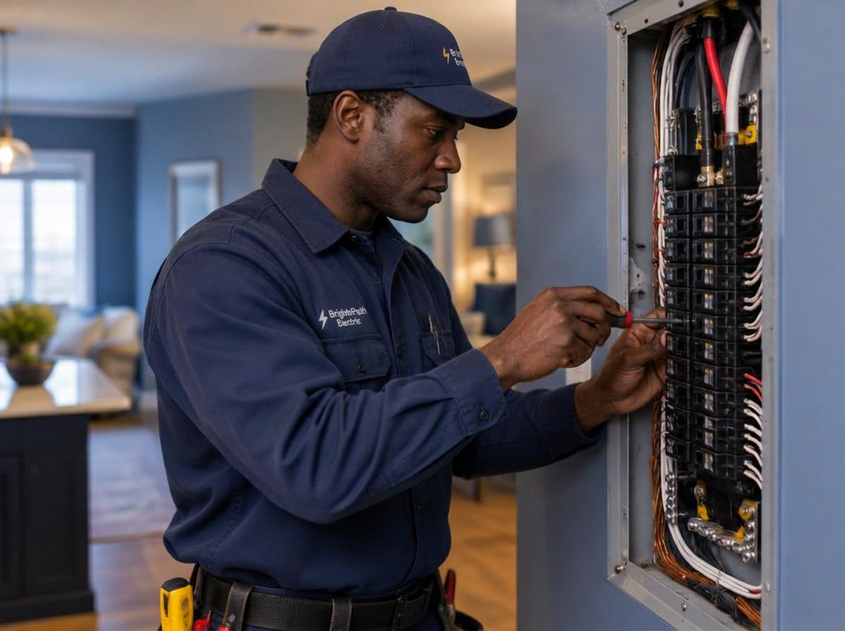 Electrician repairing a residential electrical breaker panel